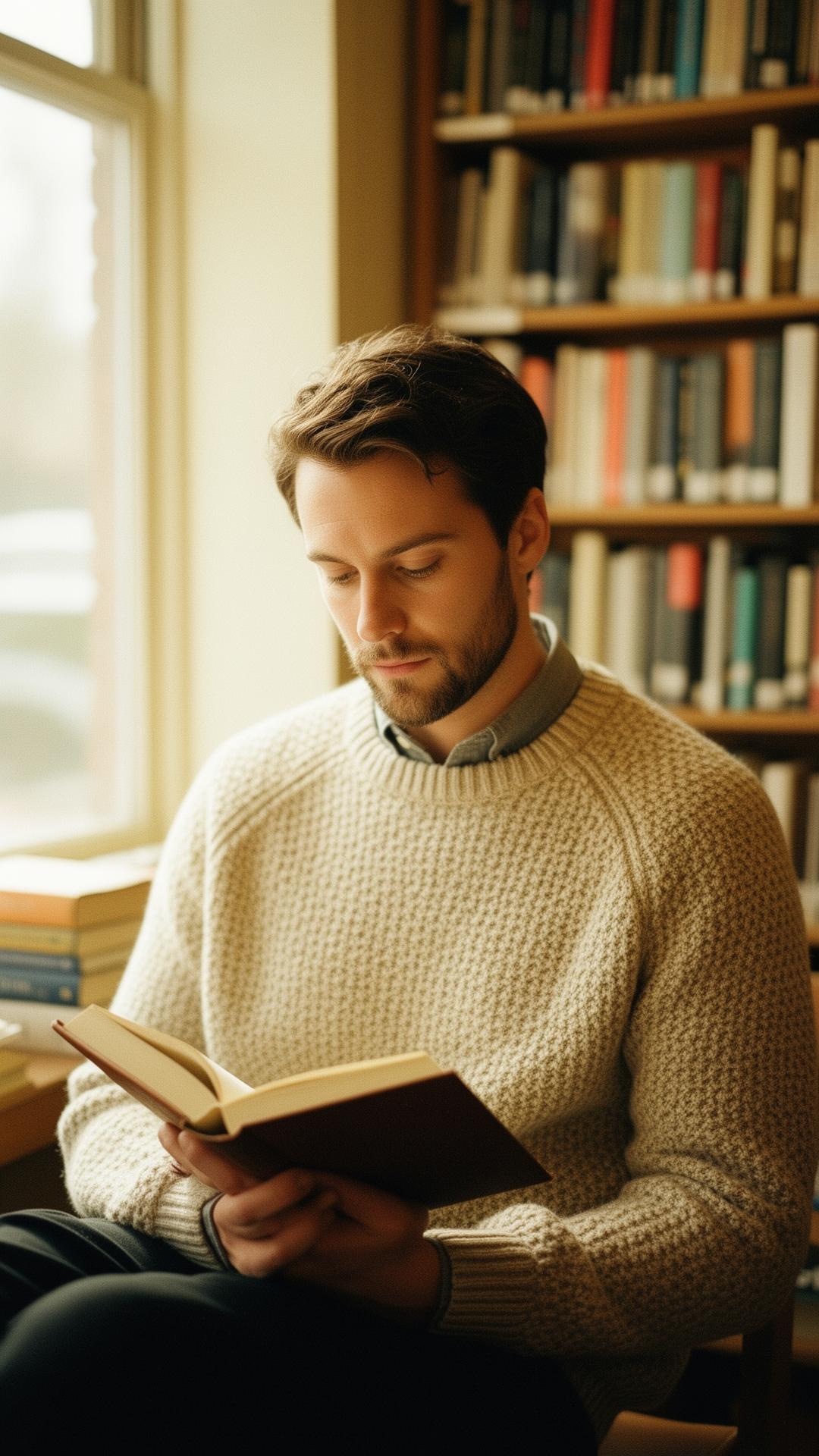 A man reading quietly in a sunlit bookstore